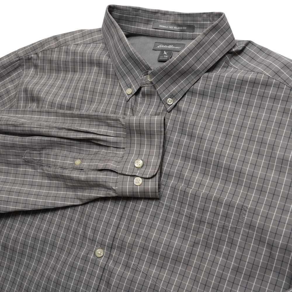 Eddie Bauer Button Down Shirt Mens TXL Gray Plaid‎ Wrinkle Free Relaxed